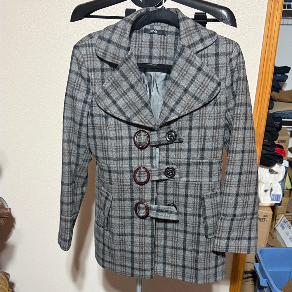 Oner Charcoal‎ and Light Gray Plaid Pea Coat